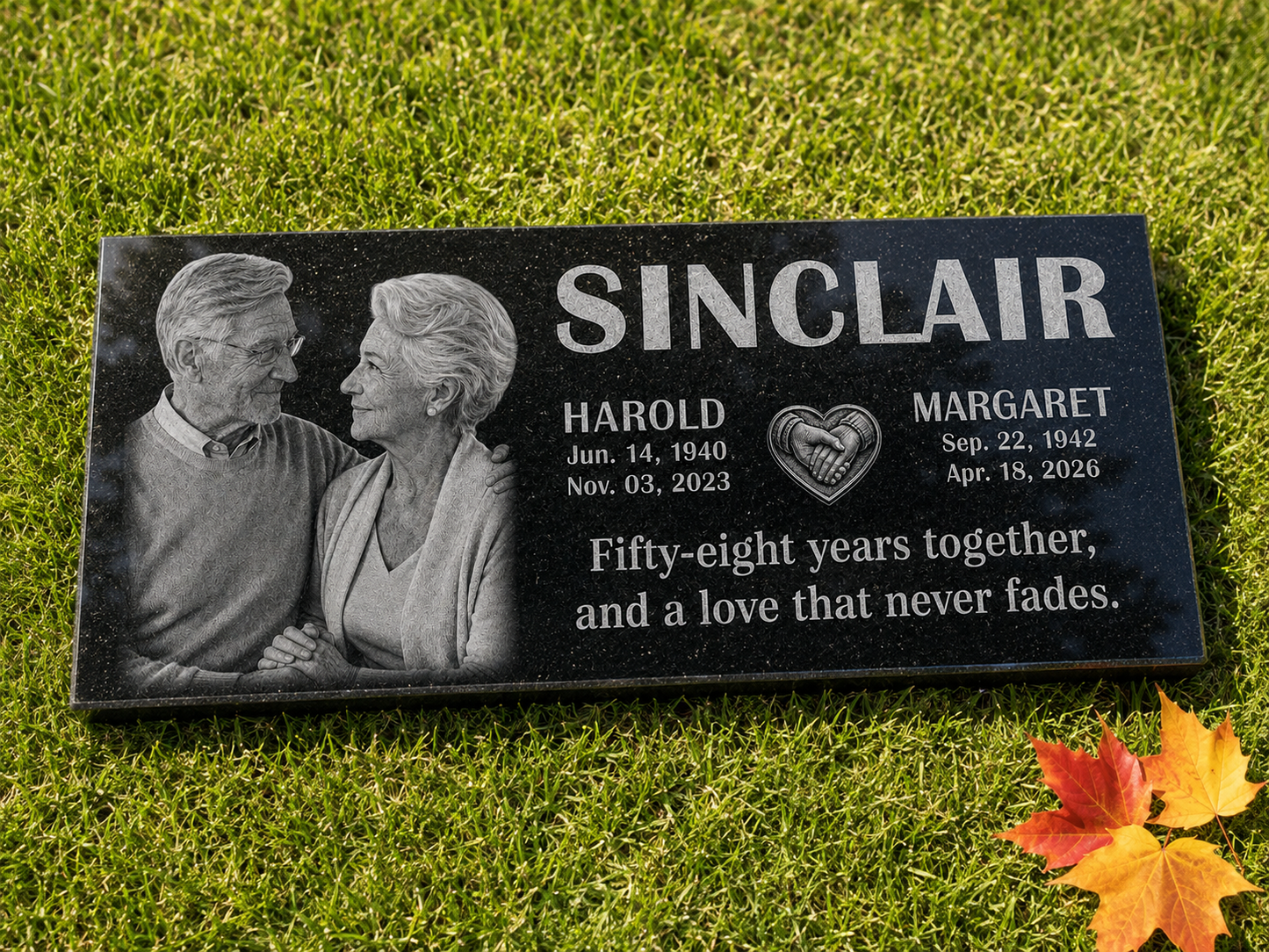 Couple memorial stone with engraved photos in black granite — ADFSTONE