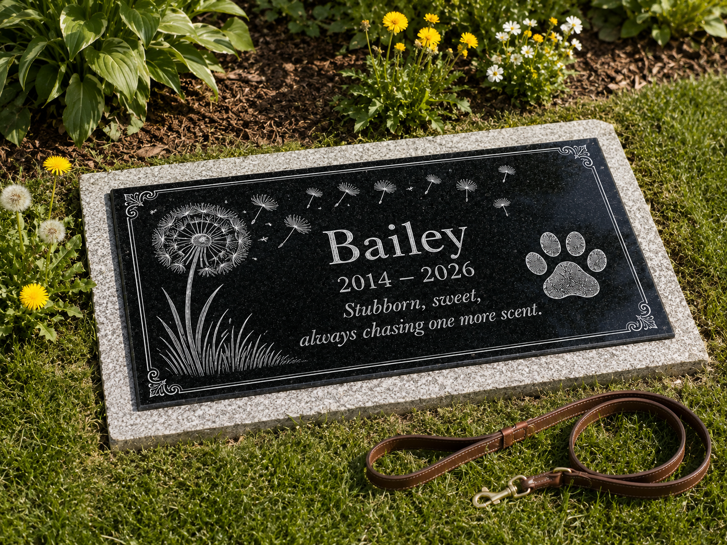 Engraved dandelion design on a black granite pet memorial — ADFSTONE