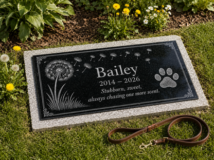 Engraved dandelion design on a black granite pet memorial — ADFSTONE