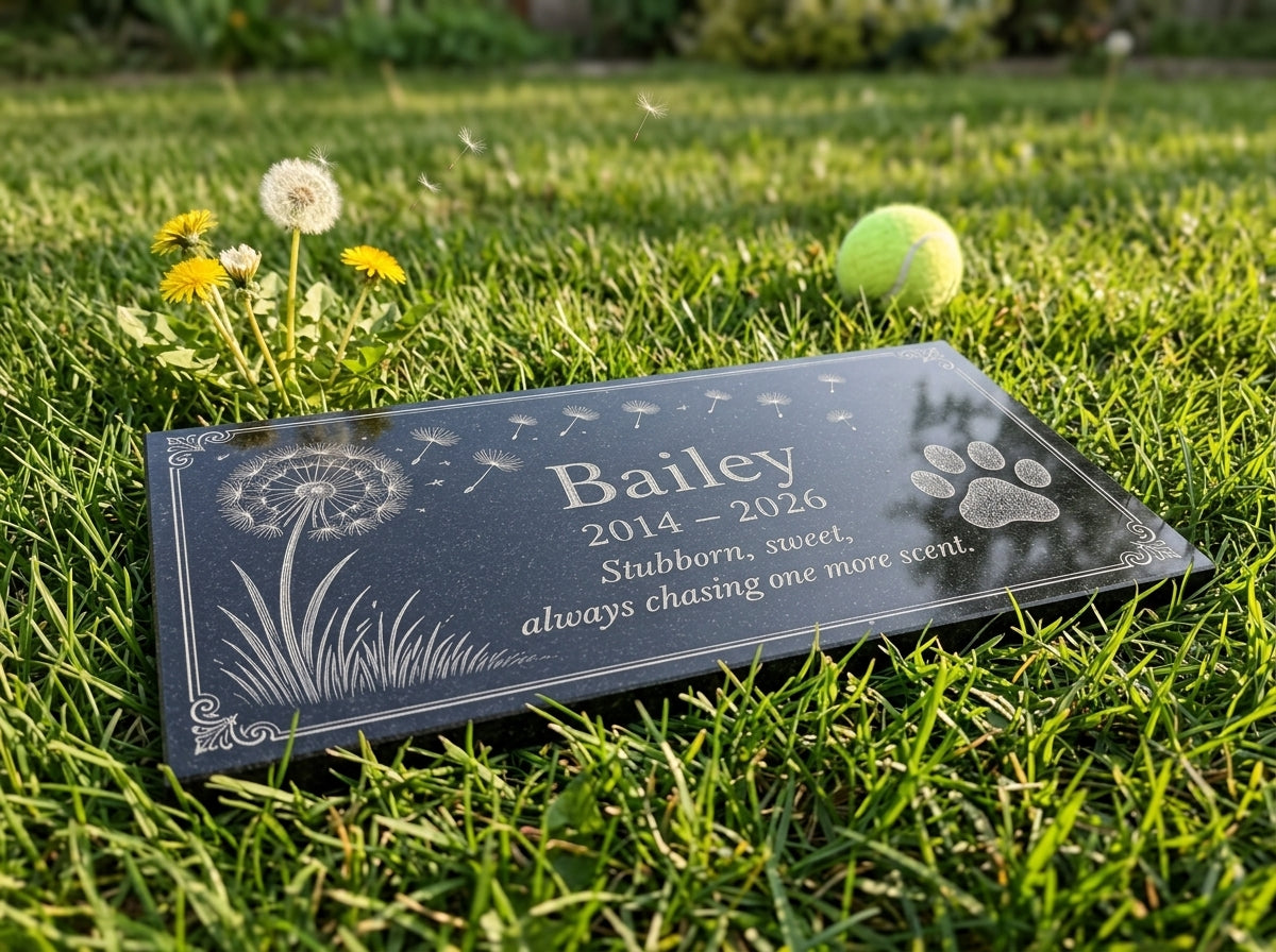 Dog memorial plaque for garden, laser engraved granite — ADFSTONE