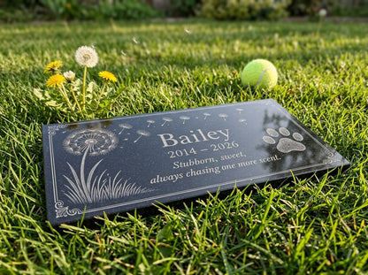 Dog memorial plaque for garden, laser engraved granite — ADFSTONE