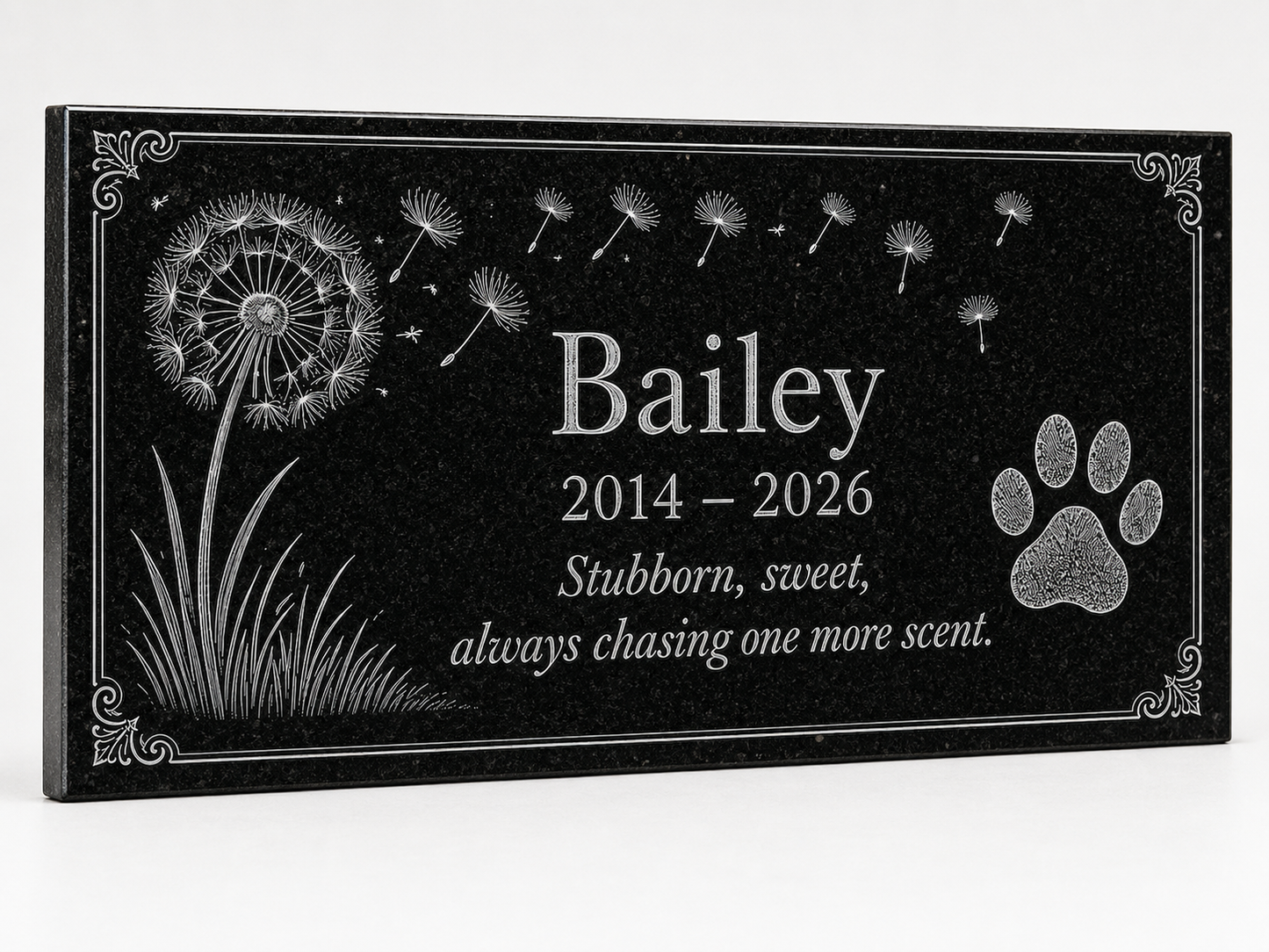 Dog memorial stone with engraved dandelion design — ADFSTONE