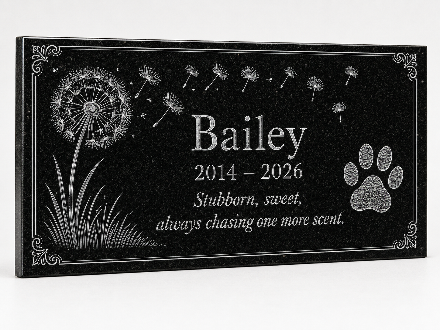Dog memorial stone with engraved dandelion design — ADFSTONE