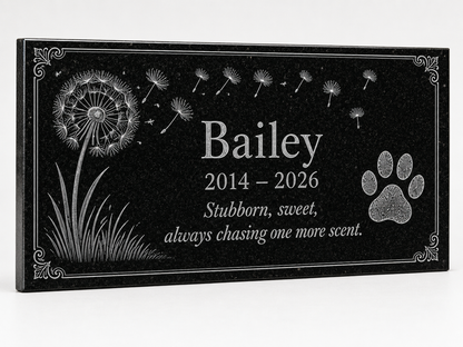 Dog memorial stone with engraved dandelion design — ADFSTONE