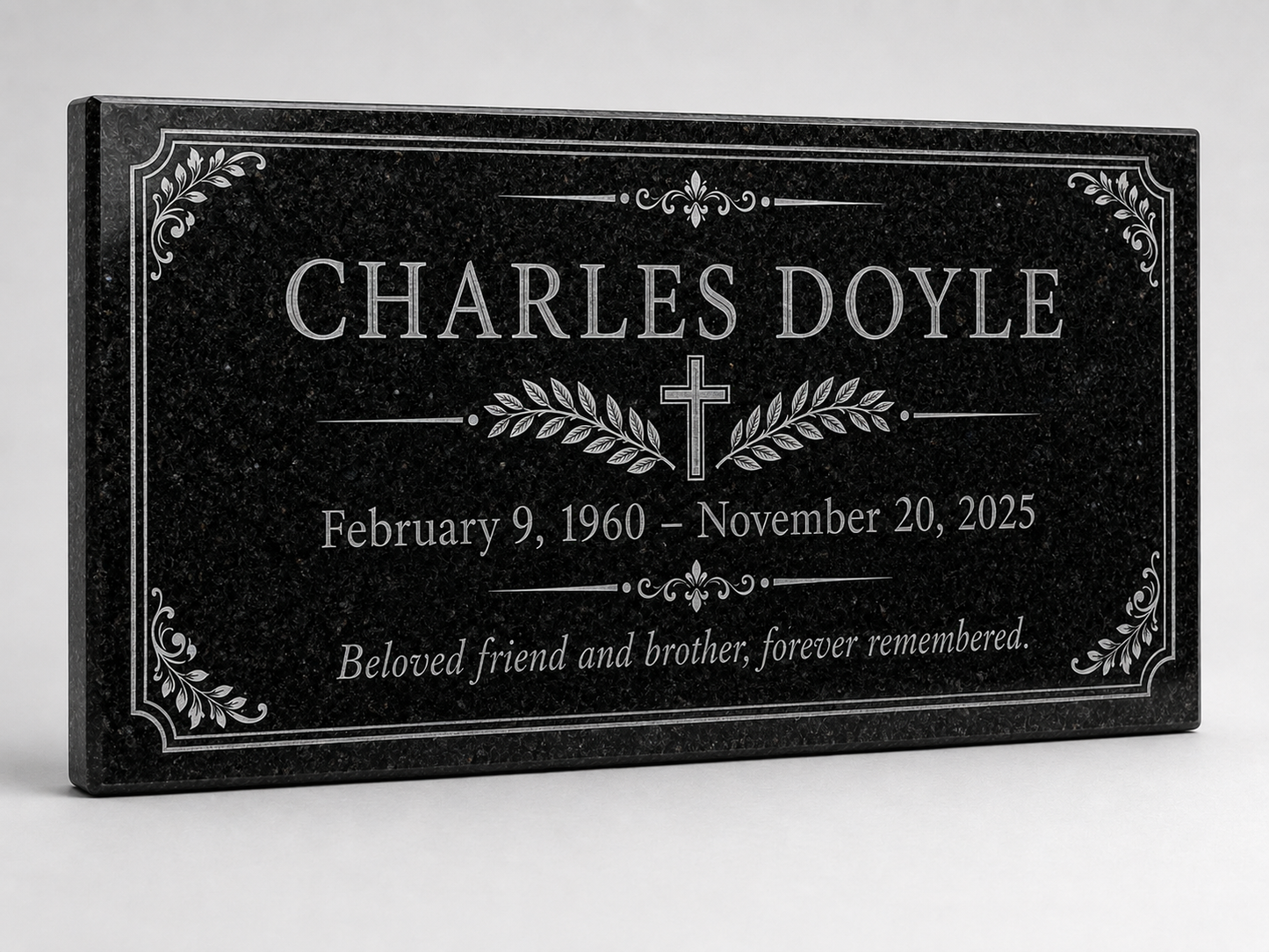 Engraved granite memorial plaque with ornamental cross design — ADFSTONE