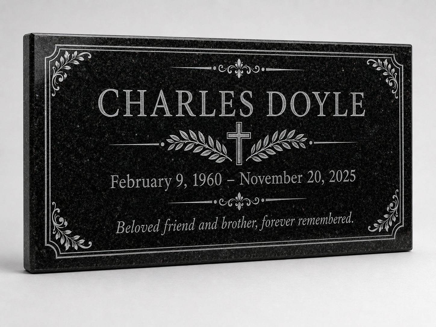 Engraved granite memorial plaque with ornamental cross design — ADFSTONE
