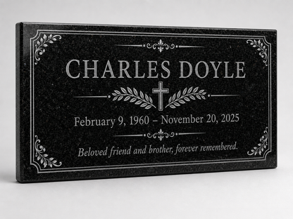 Engraved granite memorial plaque with ornamental cross design — ADFSTONE