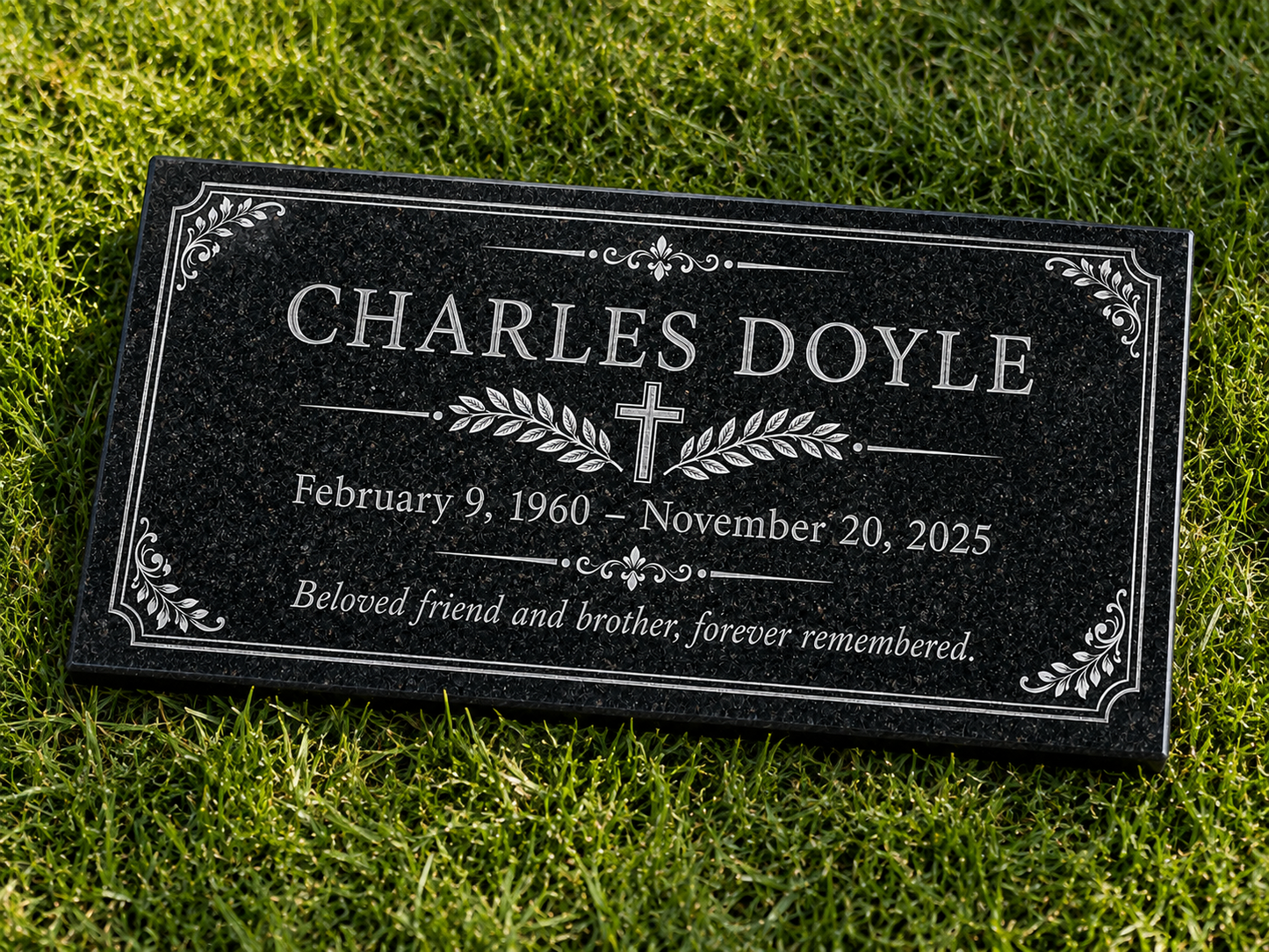 Custom grave marker plaque in polished black granite — ADFSTONE