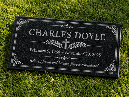 Custom grave marker plaque in polished black granite — ADFSTONE