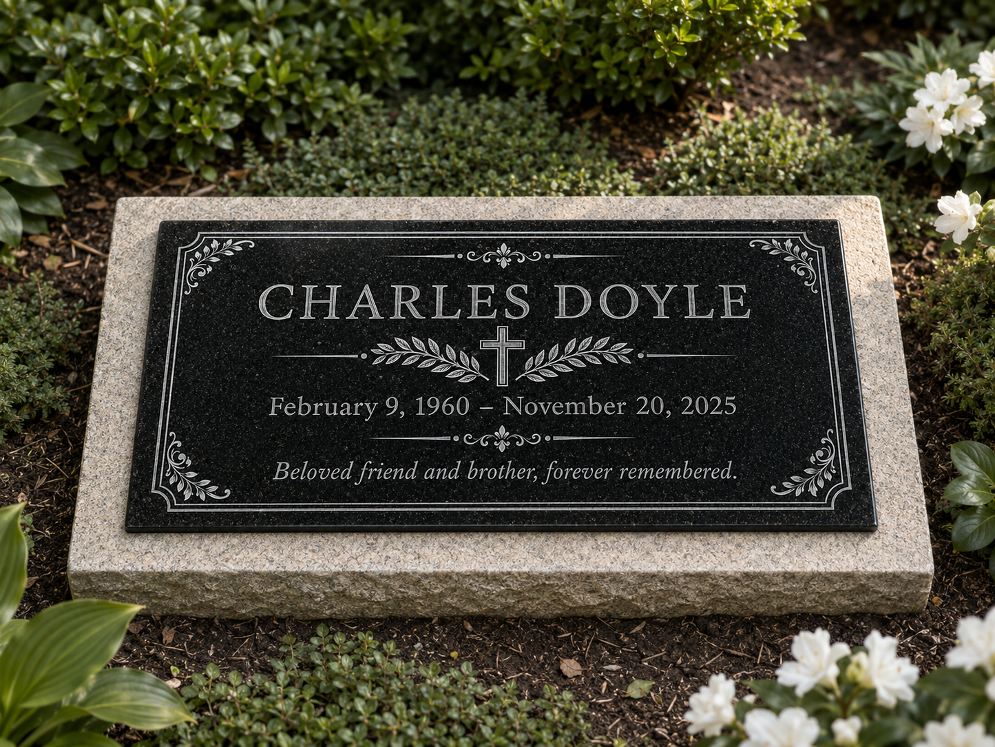 Cemetery memorial plaque with cross and engraved border — ADFSTONE