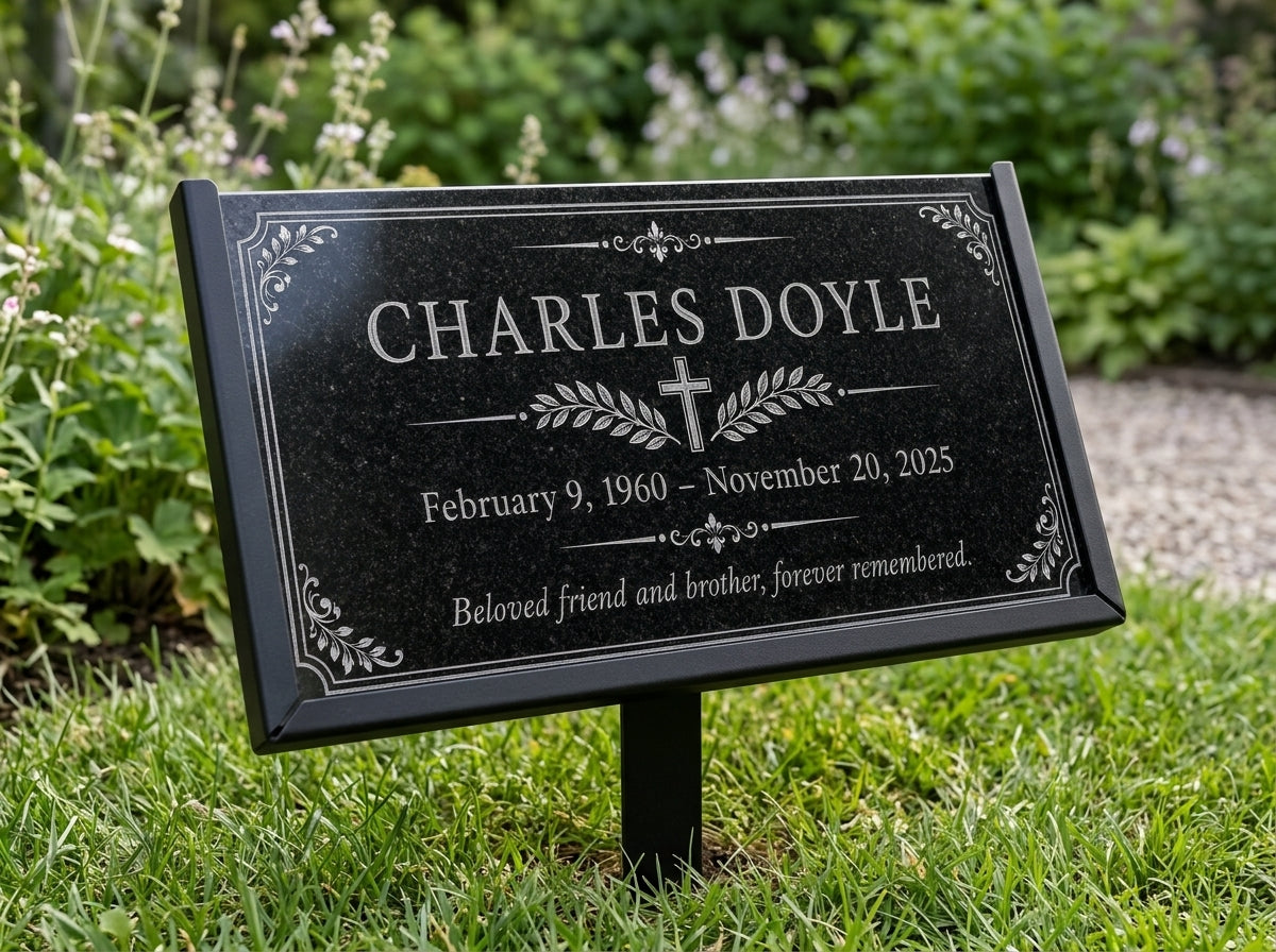 Simple engraved memorial plaque in black granite — ADFSTONE
