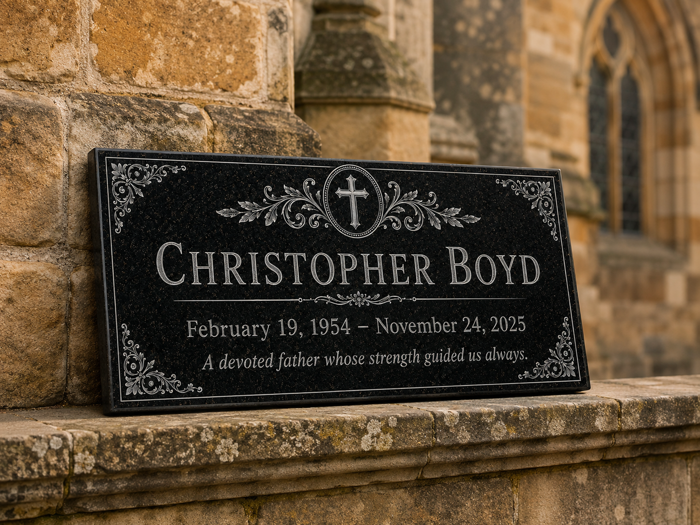 Cross medallion engraved on a granite memorial plaque — ADFSTONE