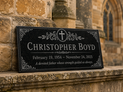 Cross medallion engraved on a granite memorial plaque — ADFSTONE