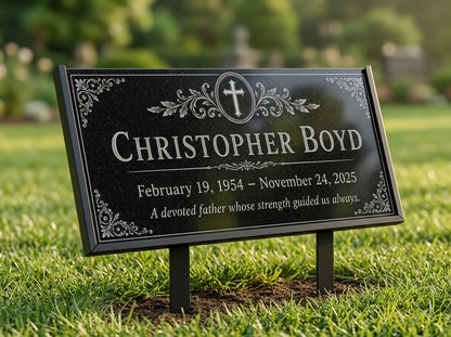 Engraved granite memorial plaque with cross medallion design — ADFSTONE
