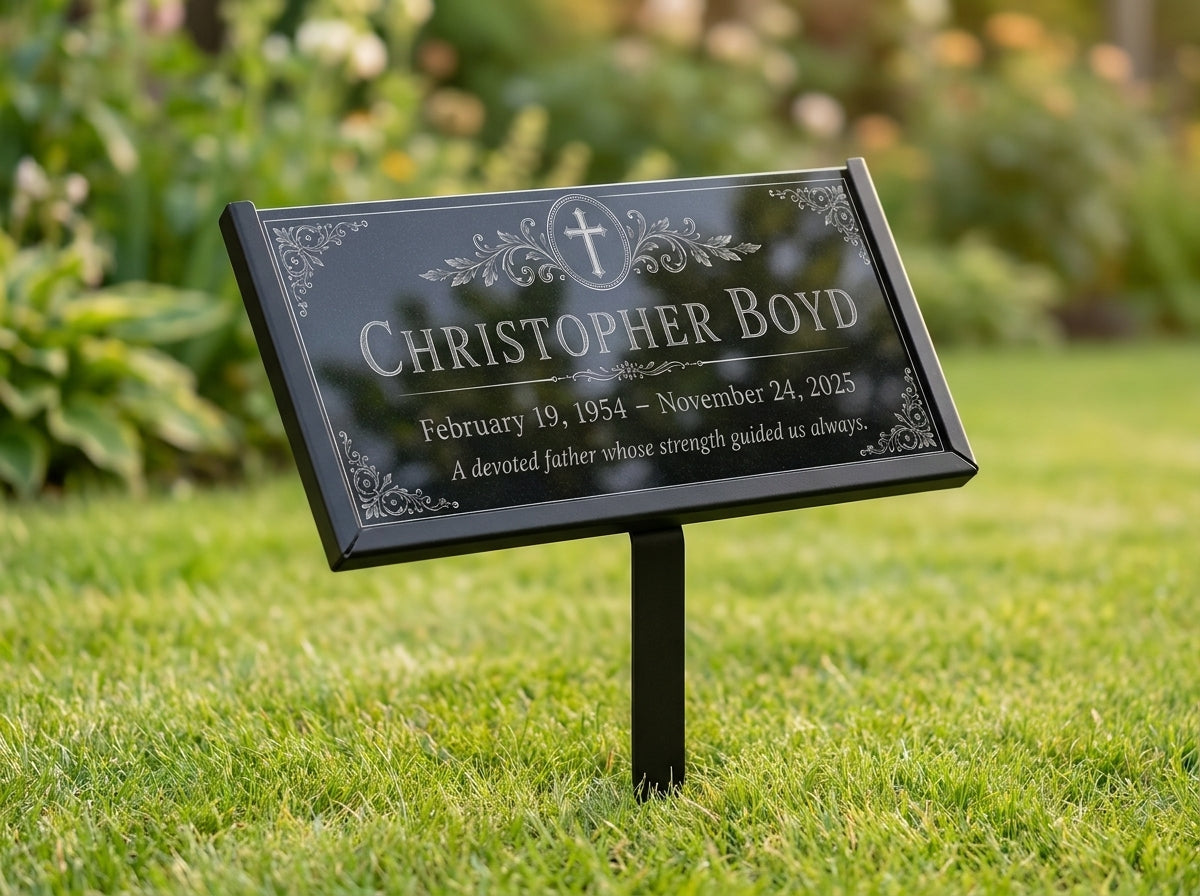 Custom grave marker plaque with name, dates and tribute — ADFSTONE