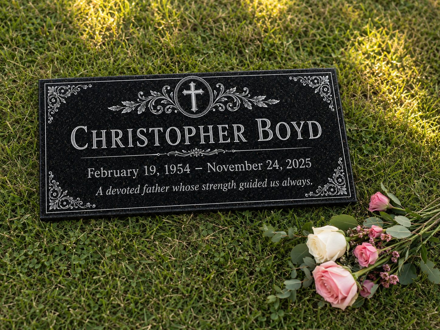 Black granite memorial marker with ruled border and cross — ADFSTONE
