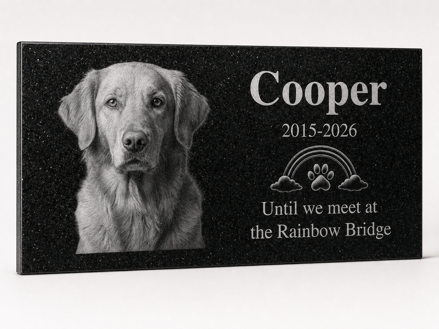 Rainbow Bridge dog memorial stone with photo engraved in granite — ADFSTONE