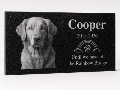 Rainbow Bridge dog memorial stone with photo engraved in granite — ADFSTONE