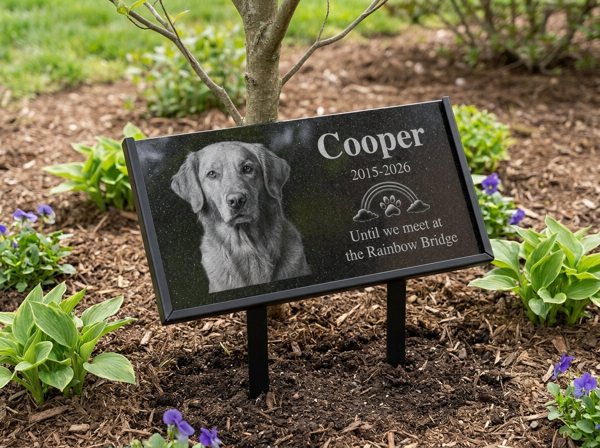 Granite pet memorial marker with engraved dog photo — ADFSTONE