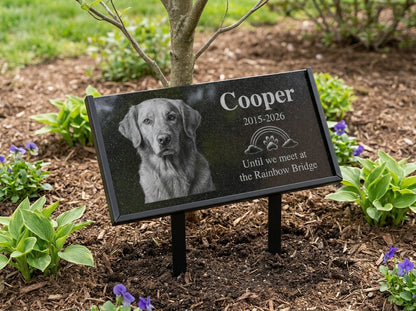 Granite pet memorial marker with engraved dog photo — ADFSTONE