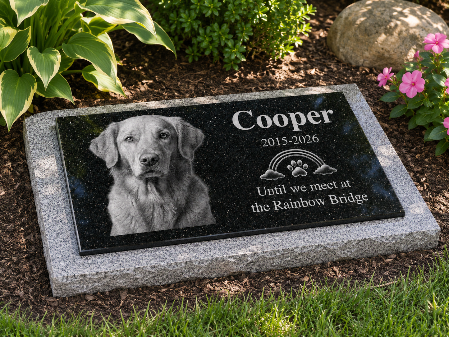 Custom dog grave marker in black granite with photo — ADFSTONE