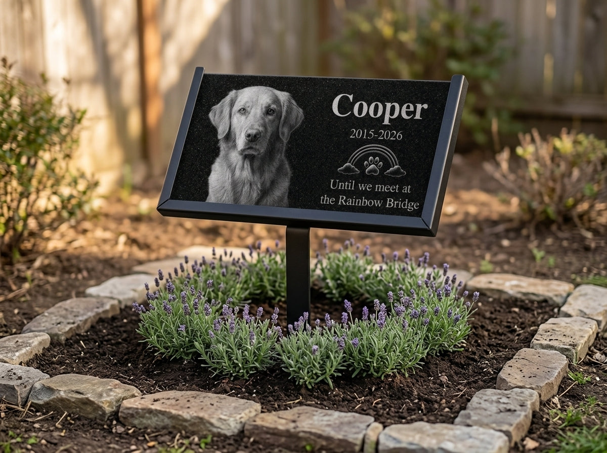 Personalized pet memorial plaque with Rainbow Bridge design — ADFSTONE