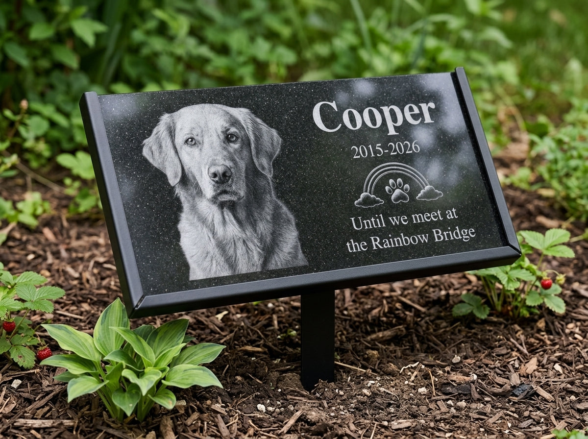Personalized dog memorial plaque with laser engraved portrait — ADFSTONE