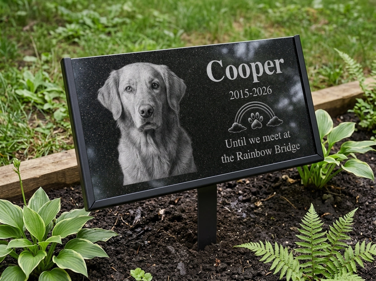 Laser engraved dog portrait on polished black granite — ADFSTONE
