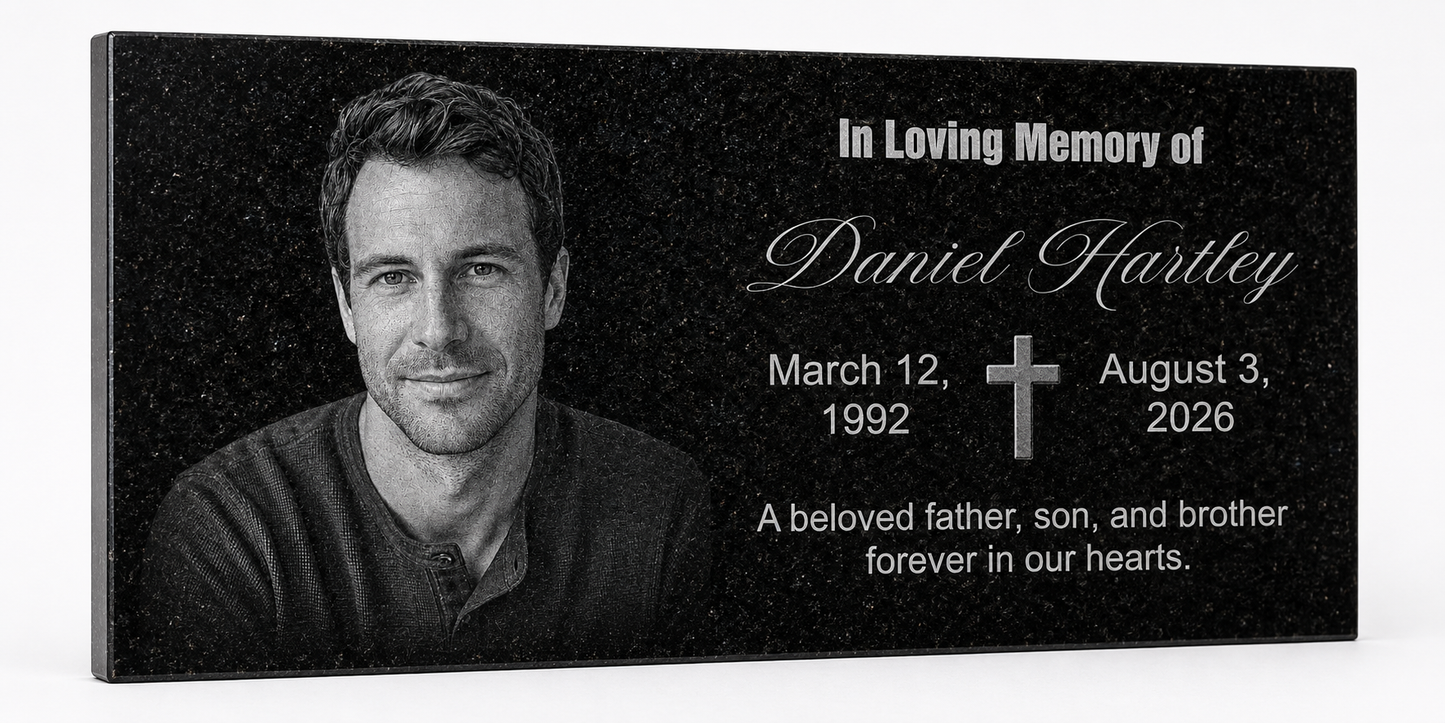 Personalized granite memorial plaque with engraved photo and cross — ADFSTONE