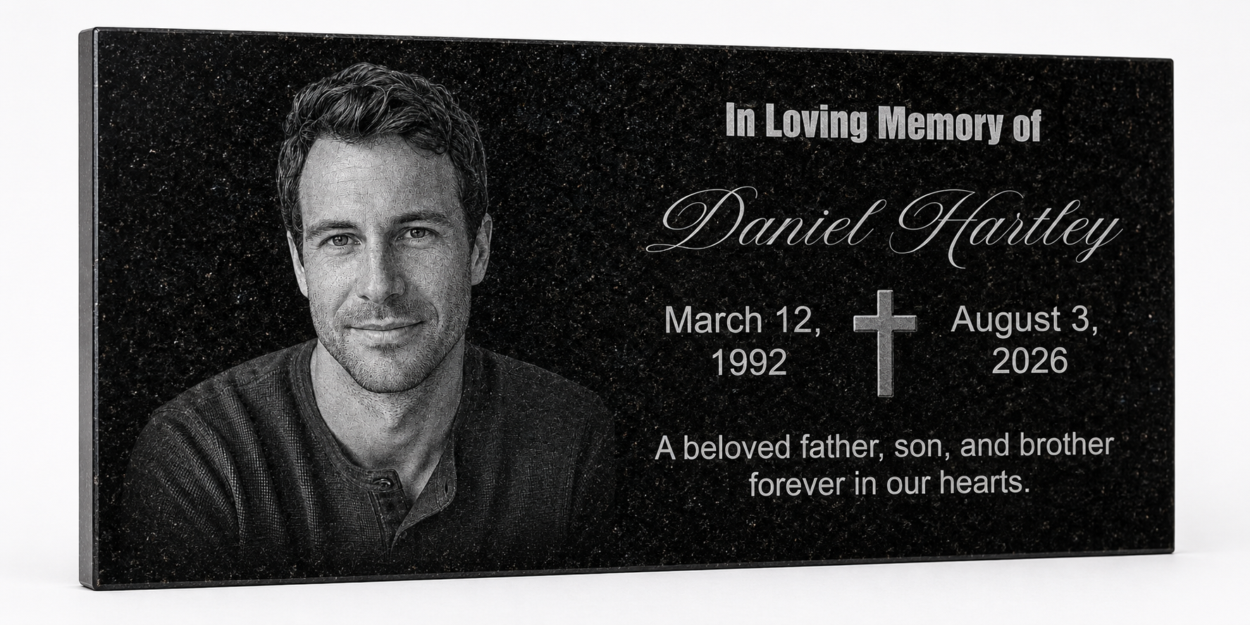Personalized granite memorial plaque with engraved photo and cross — ADFSTONE