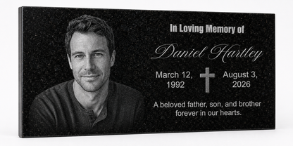 Personalized granite memorial plaque with engraved photo and cross — ADFSTONE