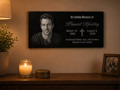 Black granite memorial stone with laser engraved portrait — ADFSTONE