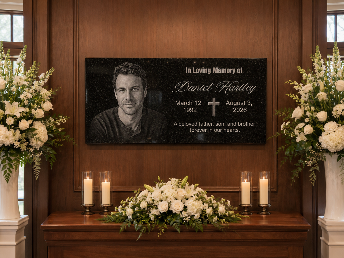 Granite memorial marker engraved with photo and cross — ADFSTONE
