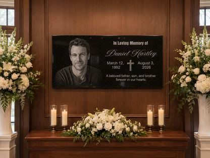 Granite memorial marker engraved with photo and cross — ADFSTONE