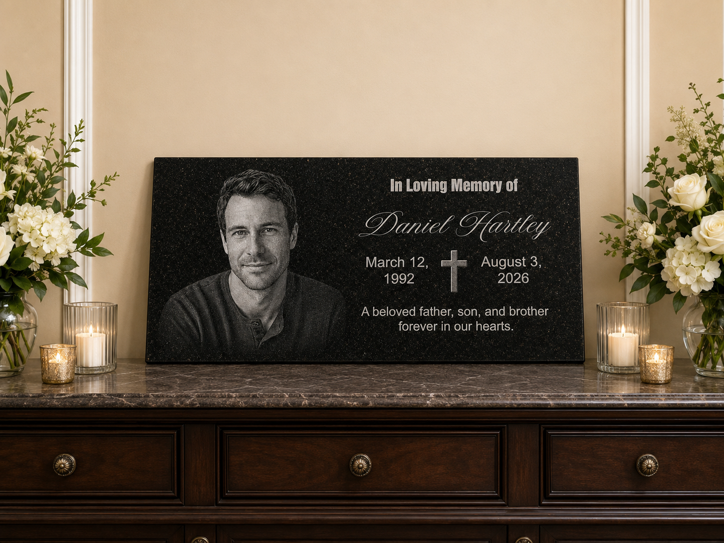 Personalized grave marker plaque with cross and photo — ADFSTONE