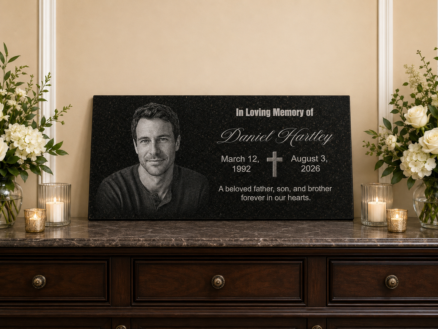 Personalized grave marker plaque with cross and photo — ADFSTONE