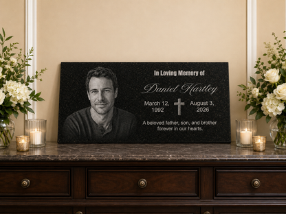 Personalized grave marker plaque with cross and photo — ADFSTONE