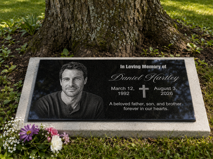 Engraved granite remembrance plaque with cross design — ADFSTONE
