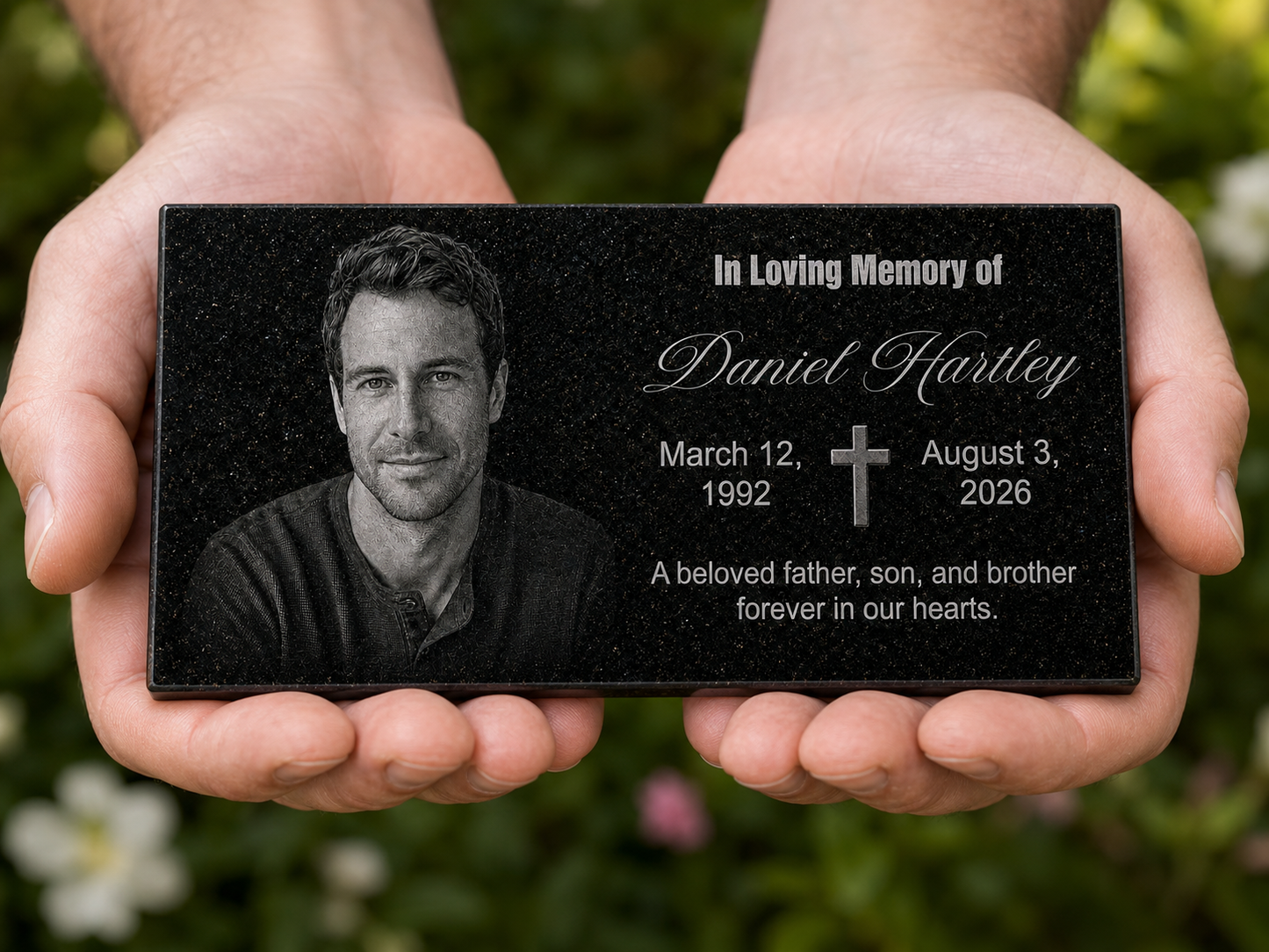Custom memorial stone with picture laser engraved in black granite — ADFSTONE