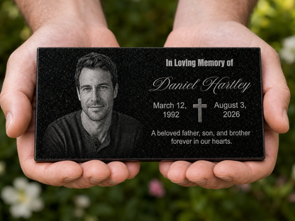 Custom memorial stone with picture laser engraved in black granite — ADFSTONE