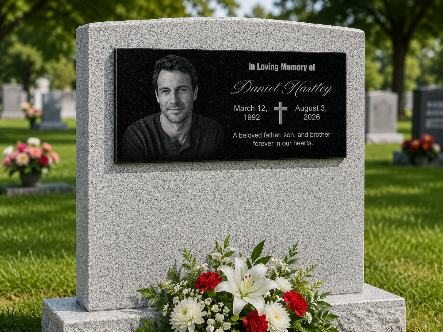 Engraved granite memorial with portrait and remembrance line — ADFSTONE