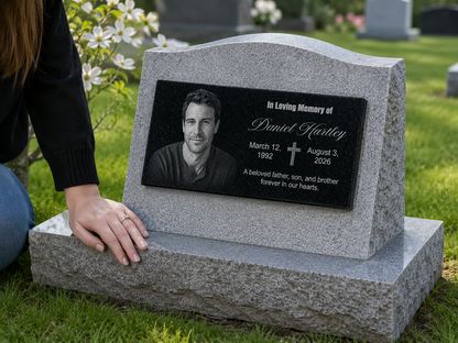 Memorial plaque with photo, weatherproof black granite — ADFSTONE