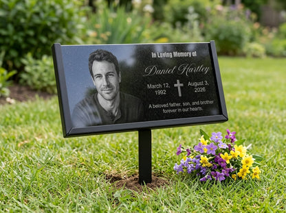 Engraved memorial stone personalized with dates and tribute — ADFSTONE