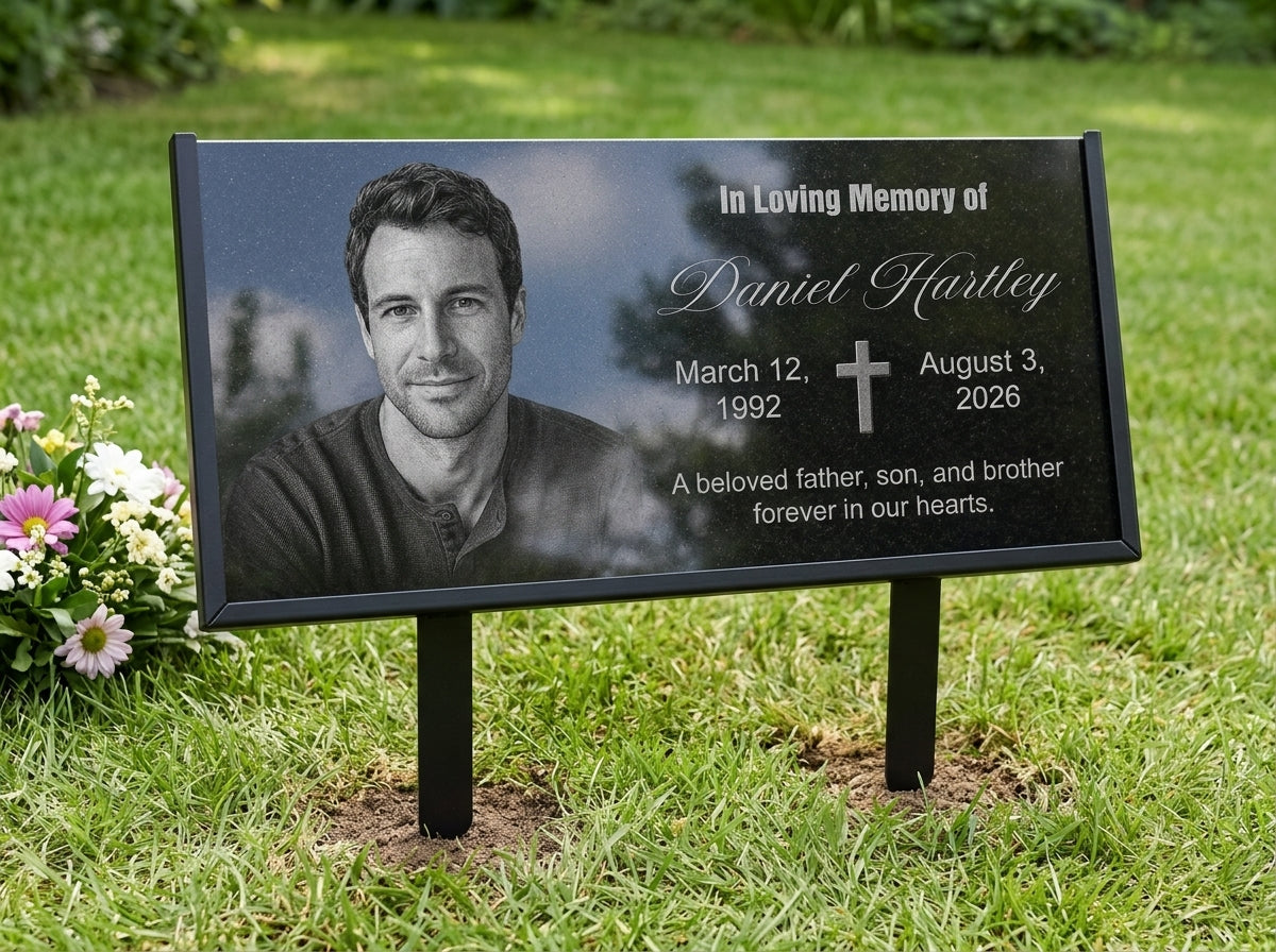 Custom granite grave plaque with laser engraved portrait — ADFSTONE