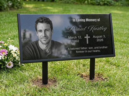 Custom granite grave plaque with laser engraved portrait — ADFSTONE