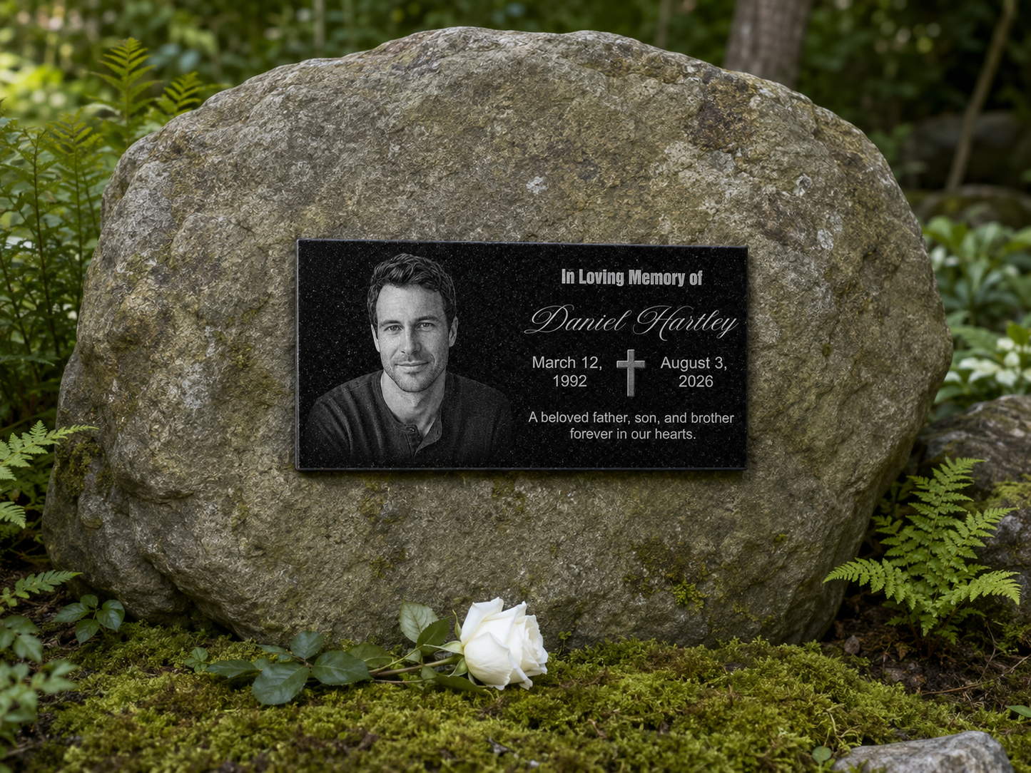 Engraved memorial plaque with photo for grave or garden — ADFSTONE