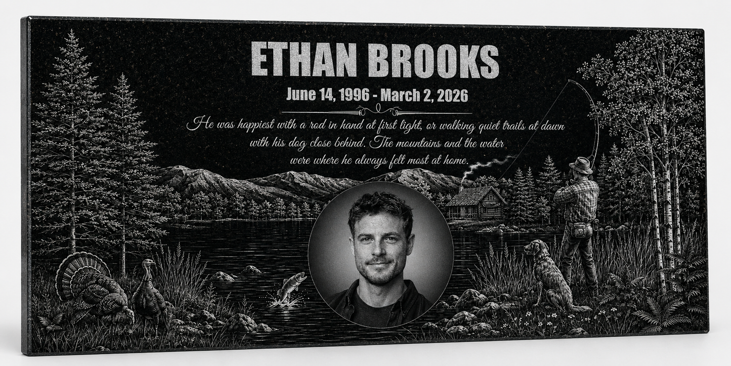 Fishing memorial gift, engraved granite plaque with portrait — ADFSTONE