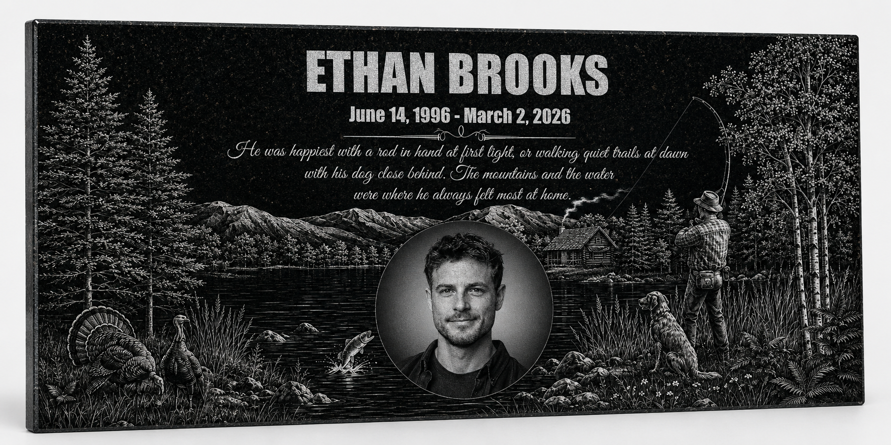 Fishing memorial gift, engraved granite plaque with portrait — ADFSTONE