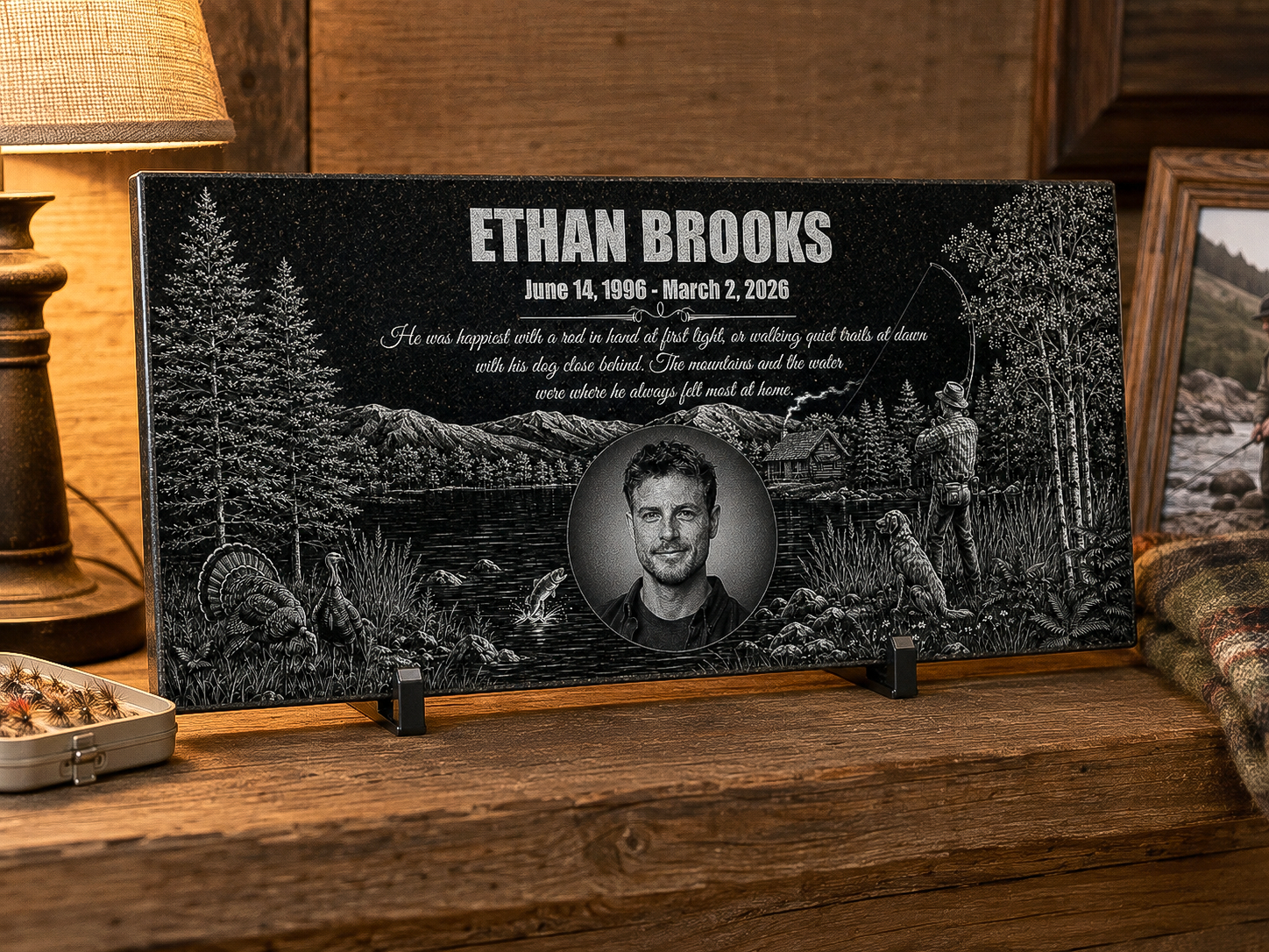 Scenic memorial stone engraved with a lake and figure — ADFSTONE