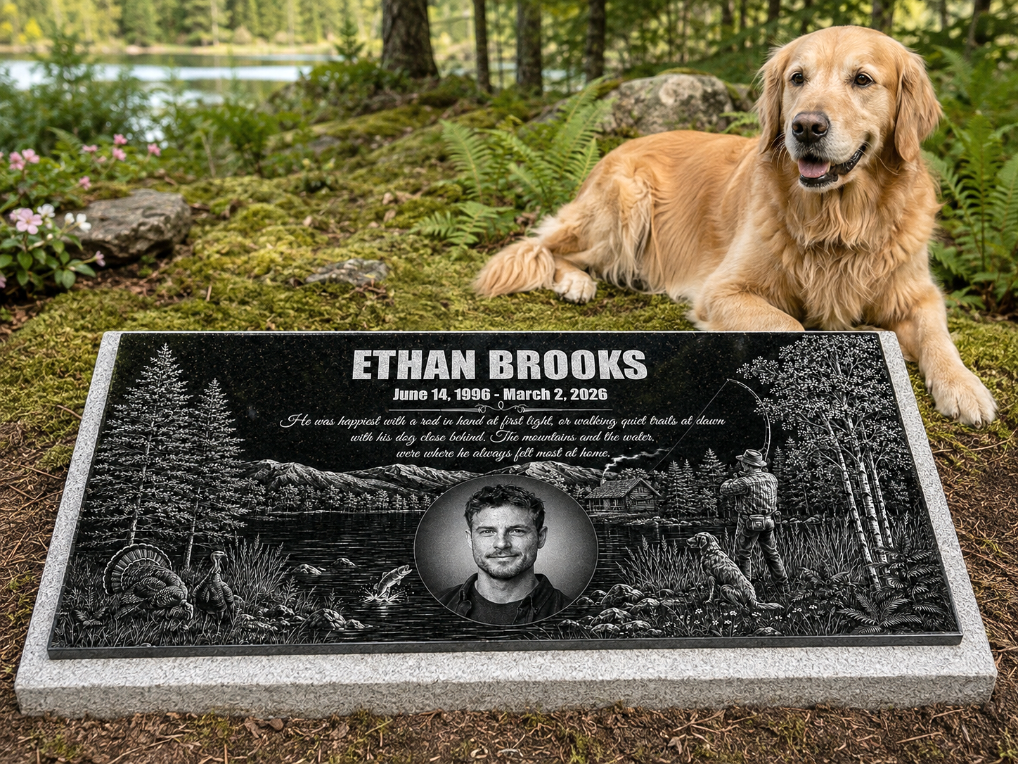 Outdoorsman memorial plaque personalized in black granite — ADFSTONE